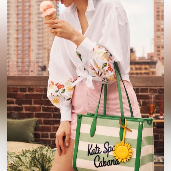 NWT-Kate Spade-Market Cabana☀️Canvas Medium Tote-Green & White Striped-$228: - Picture 15 of 16